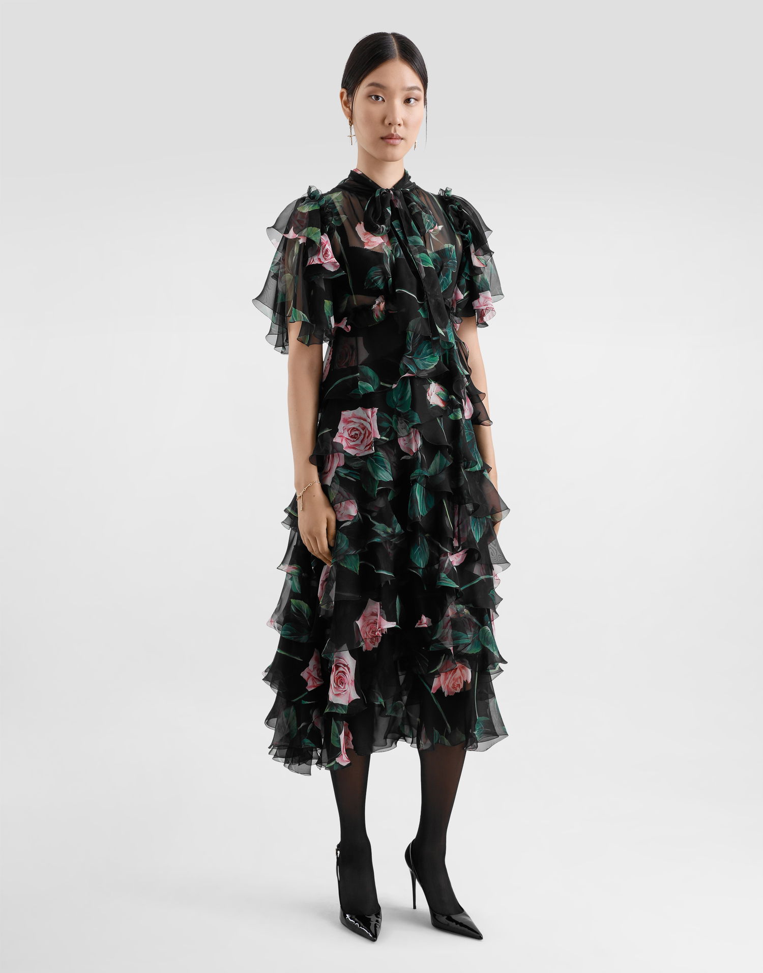 Klä Dolce & Gabbana Dolce & Gabbana Rose Print Chiffon Calf-Length Dress with Ruffles Svart | F6B3ITIS1XAHN5IZ, 1