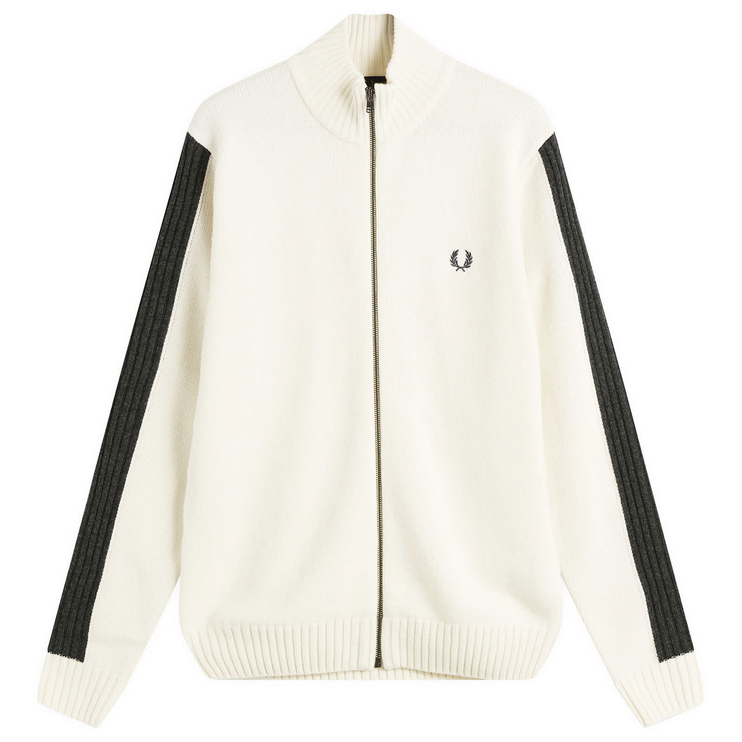 Sweater Fred Perry Full-Zip Mock Neck Knit Cardigan with Sleeve Stripes Vit | K1546-560, 0