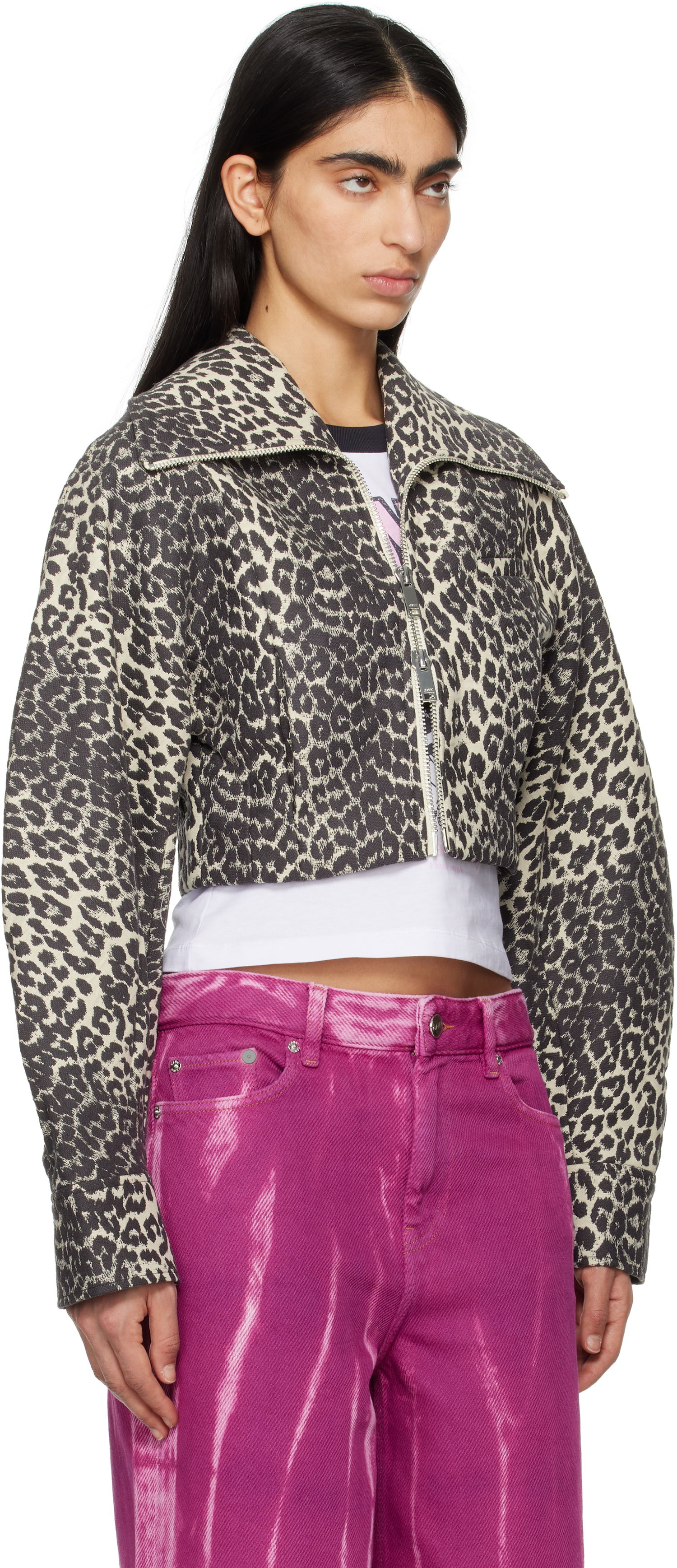 Bomberjacka GANNI Ganni Leopard Print Curve Sleeve Cropped Jacket Beige | W0235, 1