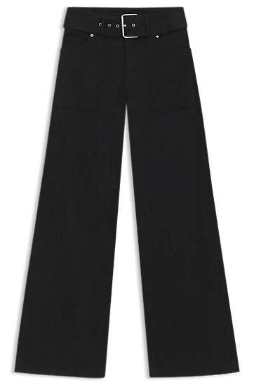 Byxor BOSS Belted Wide-Leg Stretch-Cotton Satin Trousers Svart | 50548143