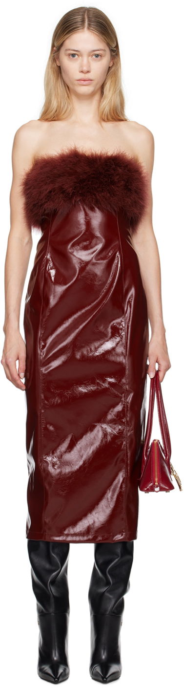 Klä Blumarine Feather Trim Faux-Leather Midi Dress Bourgogne | A422A481A