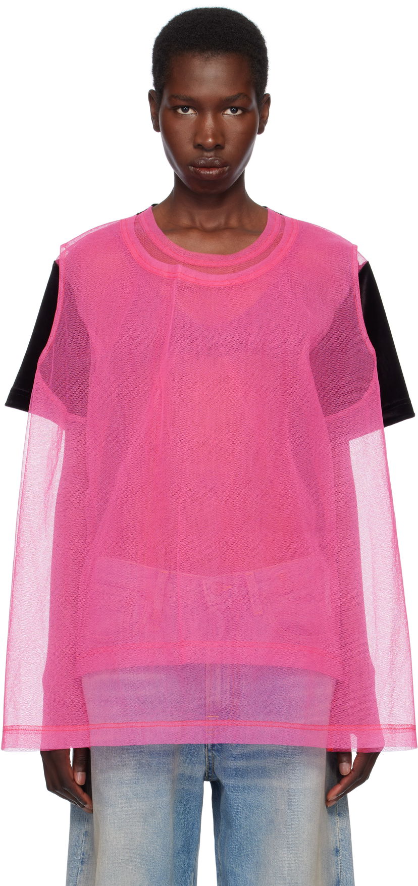 Linne Comme des Garçons Homme Plus Jersey & Nylon Tulle T-Shirt Rosa | PO-T028-051