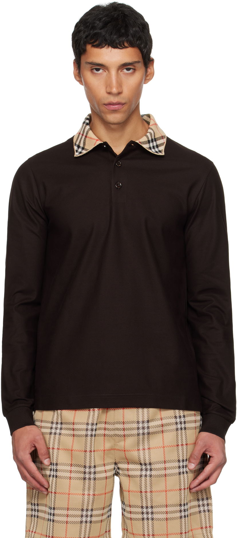Polotröja Burberry Burberry Long Sleeve Polo with Check Collar Brun | 8116012