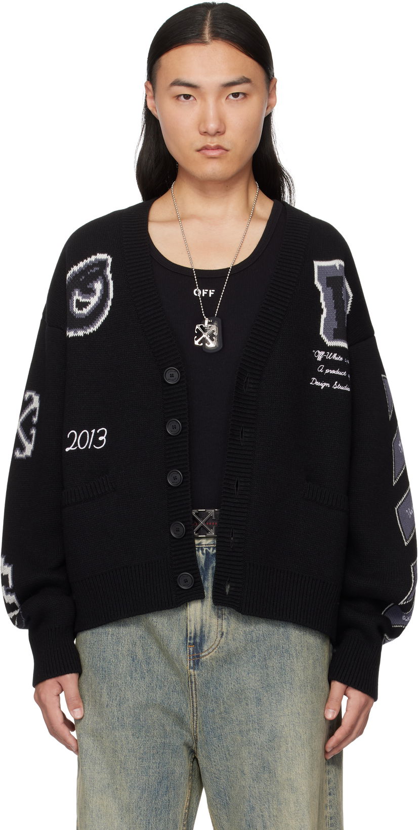 Sweater Off-White Off-White Varsity Knit Cardigan Svart | OMHB019C99KNI0031010