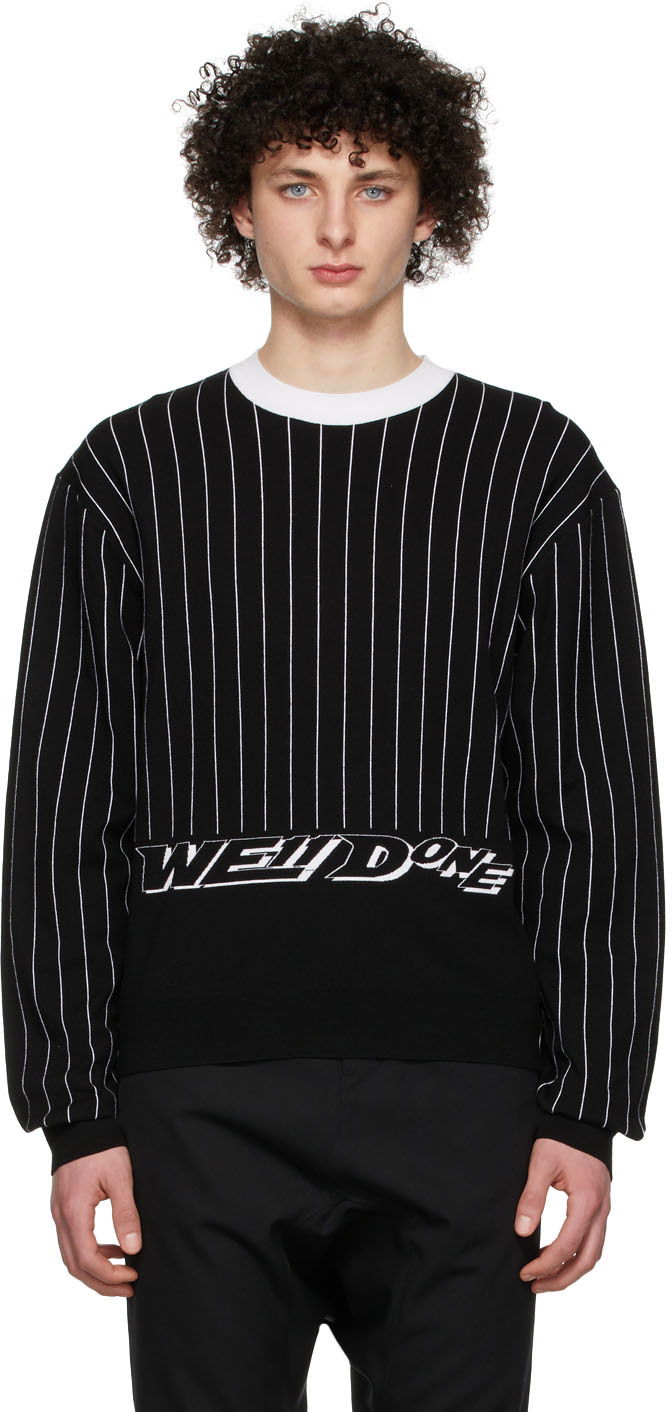 Sweater We11done Striped Logo Sweater Svart | WD-KT1-22-619-U-BK