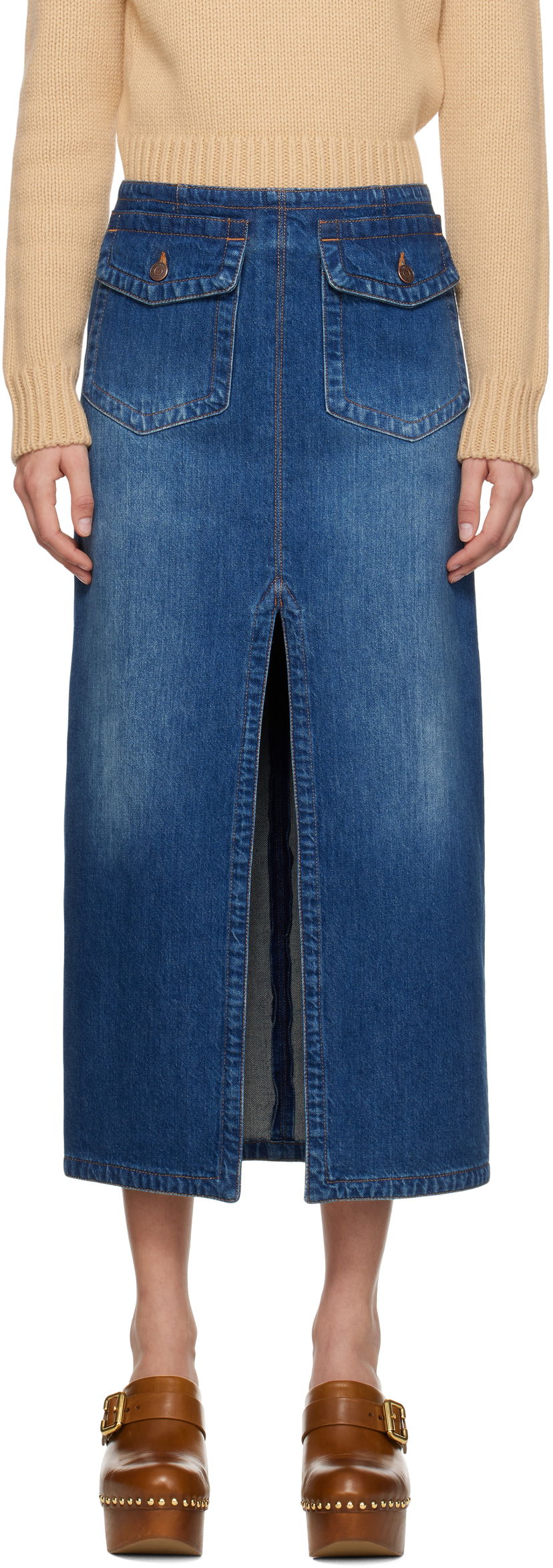 Kjol CHLOÉ Front-Slit Denim Midi Skirt Blå | CH24WDJ01150