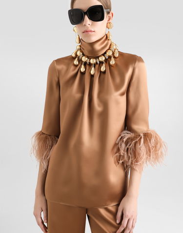 Skjorta Dolce & Gabbana Double Satin Turtle-neck Top With Feathered Detailing Brun | F7AL6TFU1NUM0180, 3
