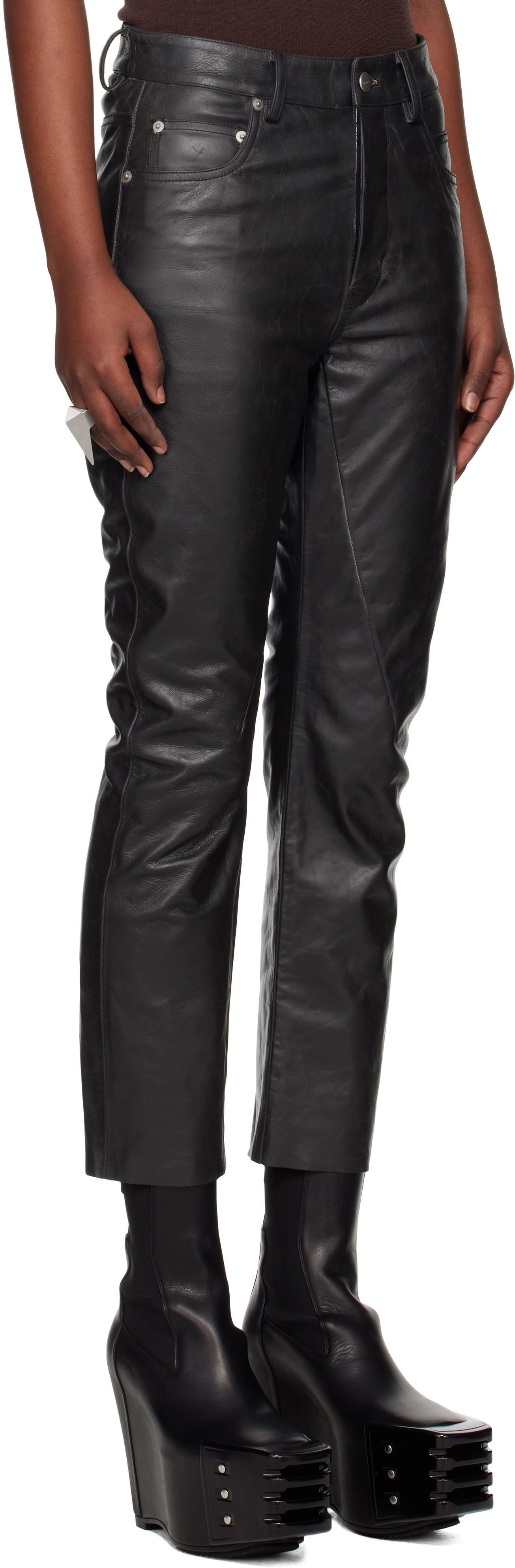 Byxor Rick Owens Rick Owens Hollywood Detroit Cut Leather Pants Svart | RP01E7324 LTP, 1
