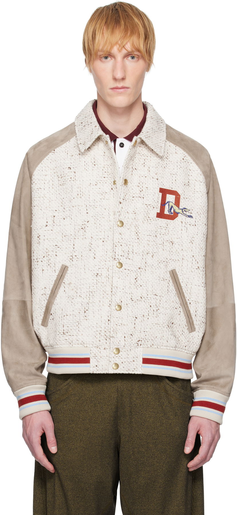 Bomberjacka Drôle de Monsieur Drôle De Monsieur 'Le Bomber Tweed' Leather Bomber Jacket Beige | G-JT220-CO181-EC