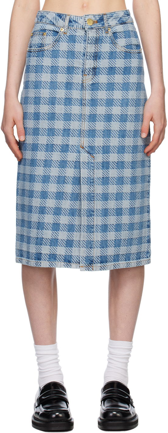 Kjol AMI AMI Paris Gingham Denim Midi Skirt Blå | FSK211.DE0010