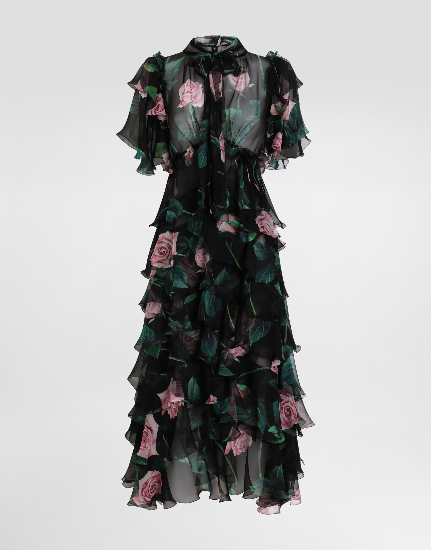 Klä Dolce & Gabbana Dolce & Gabbana Rose Print Chiffon Calf-Length Dress with Ruffles Svart | F6B3ITIS1XAHN5IZ, 0