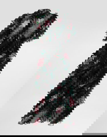 Klä Dolce & Gabbana Dolce & Gabbana Rose Print Chiffon Calf-Length Dress with Ruffles Svart | F6B3ITIS1XAHN5IZ, 0