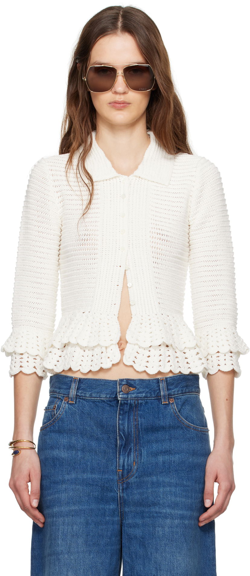 Sweater CHLOÉ Chloé Fitted Ruffled Cropped Cardigan Vit | CH25UMP05545