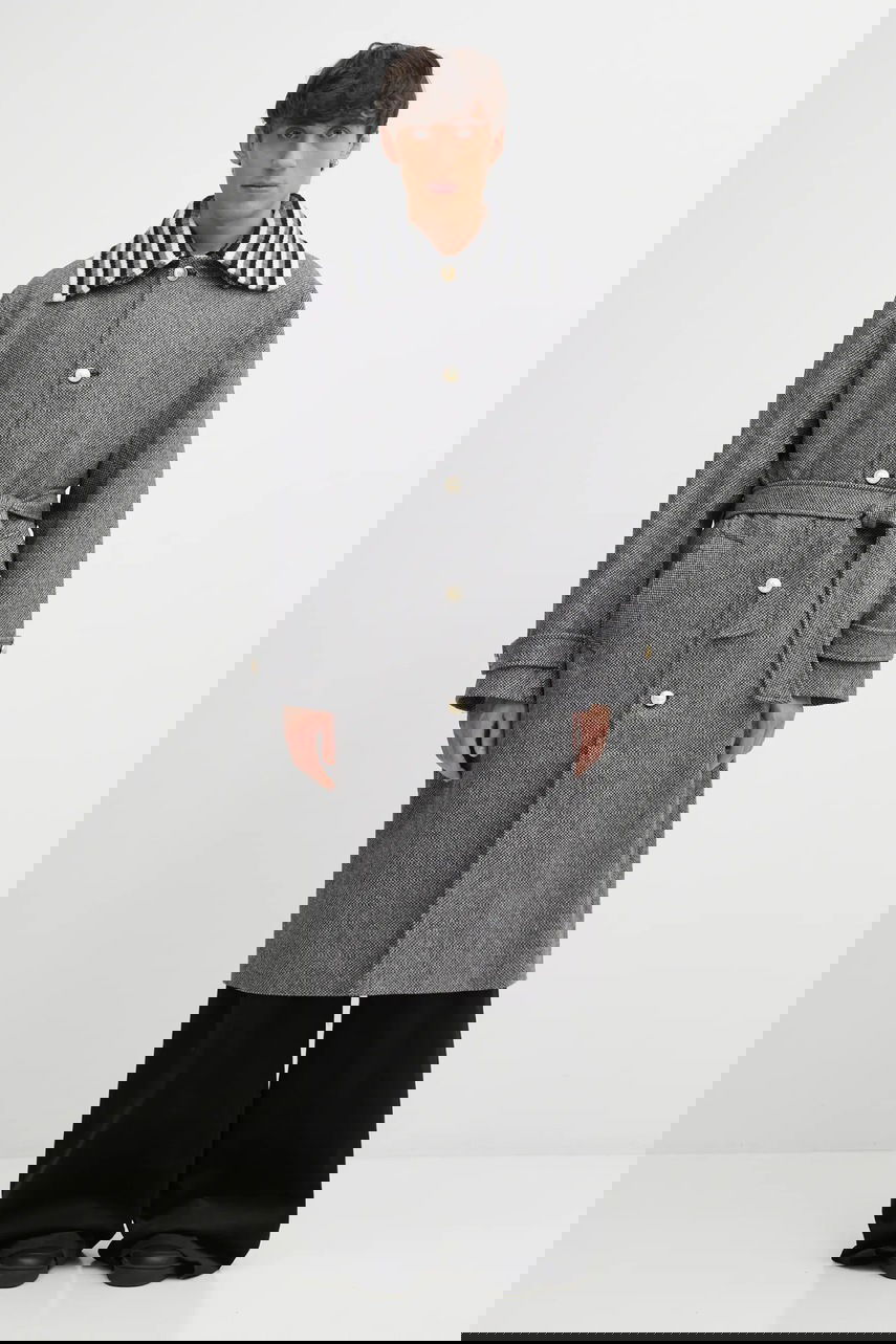 Rockar Drôle de Monsieur Le Manteau Tweed Belted Coat with Striped Collar Grå | I.CT147.WV014, 0