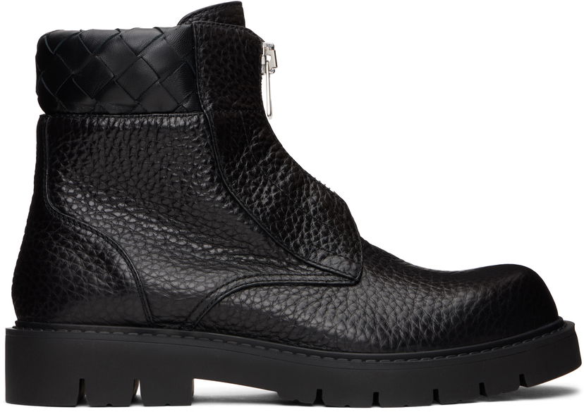 Sneakers och skor Bottega Veneta Haddock Textured Leather Front-Zip Woven Collar Ankle Boots Svart | 796449 V4EP0 1000