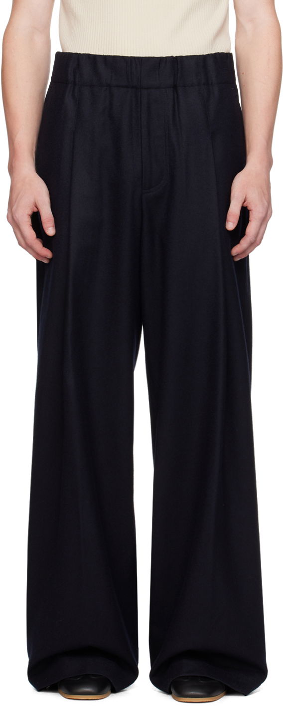 Byxor Dries Van Noten Navy Wide Wool Trousers Svart | 242-020938-9211