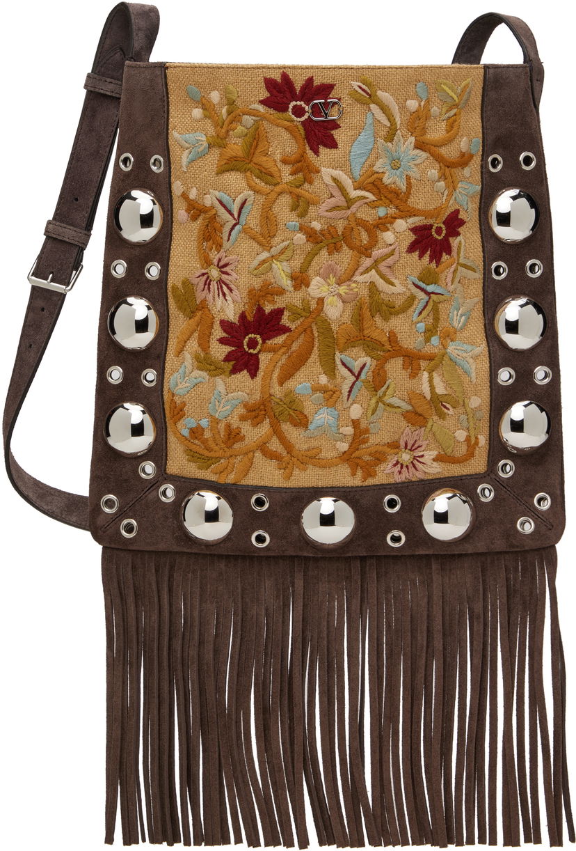 Axelväska Valentino Valentino Garavani Nellcôte Fringe Embroidered Shoulder Bag Brun | 6W2B0R33GRT