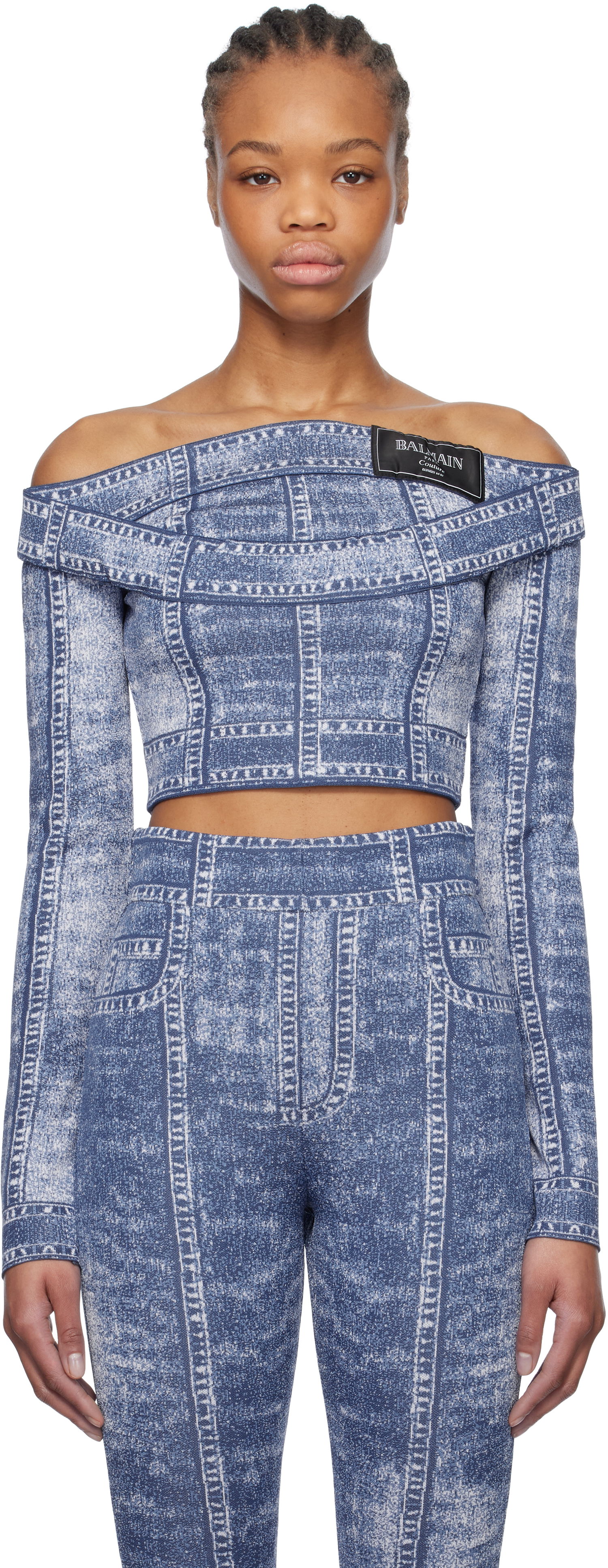 Träningsoverall Balmain Balmain Denim Off-Shoulder Top Blå | EF1AO385KH80, 0