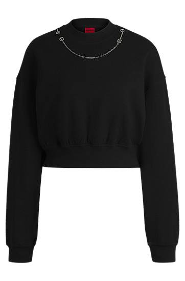 Sweater BOSS Cropped Sweatshirt with Detachable Chain Svart | 50530446