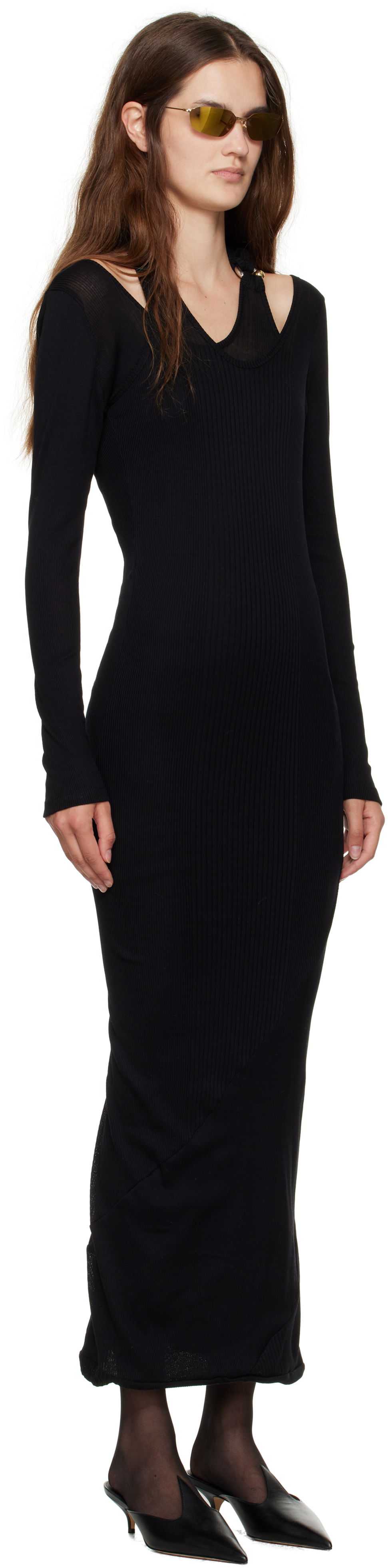 Klä Jean Paul Gaultier Jean Paul Gaultier Ribbed Twisted Double Layer Piercing Midi Dress Svart | 25/03-W-DR014-J000-00, 1