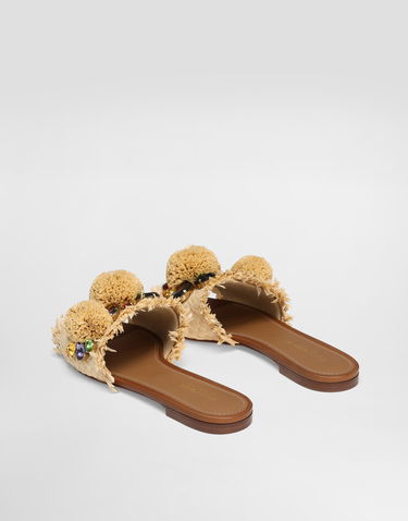 Tillbehör Dolce & Gabbana Dolce & Gabbana Braided Fringed Raffia Slide Sandals with Pompoms and Jewels Beige | CQ0648AM4478B139, 2
