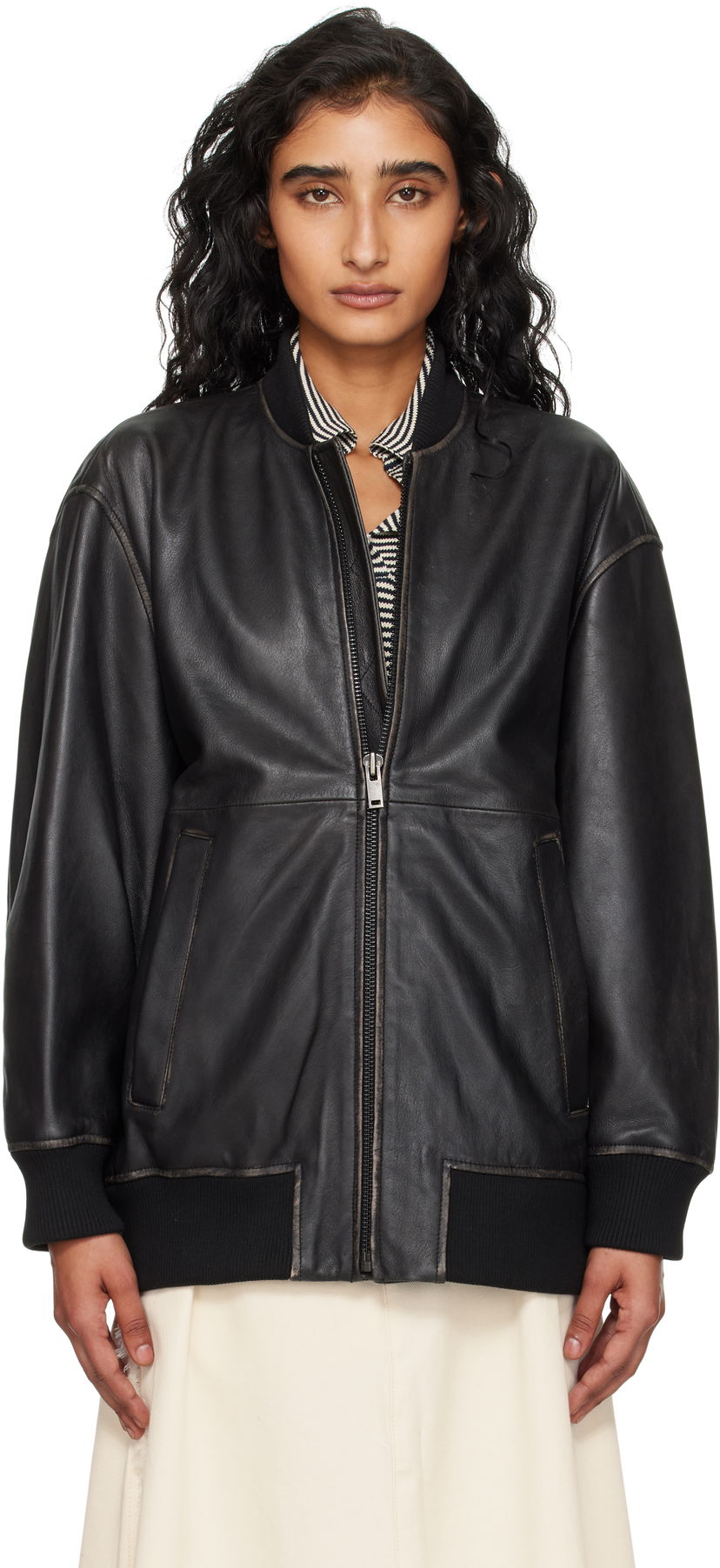 Bomberjacka Max Mara Weekend Max Mara Tattico Leather Jacket Svart | 2525446031600