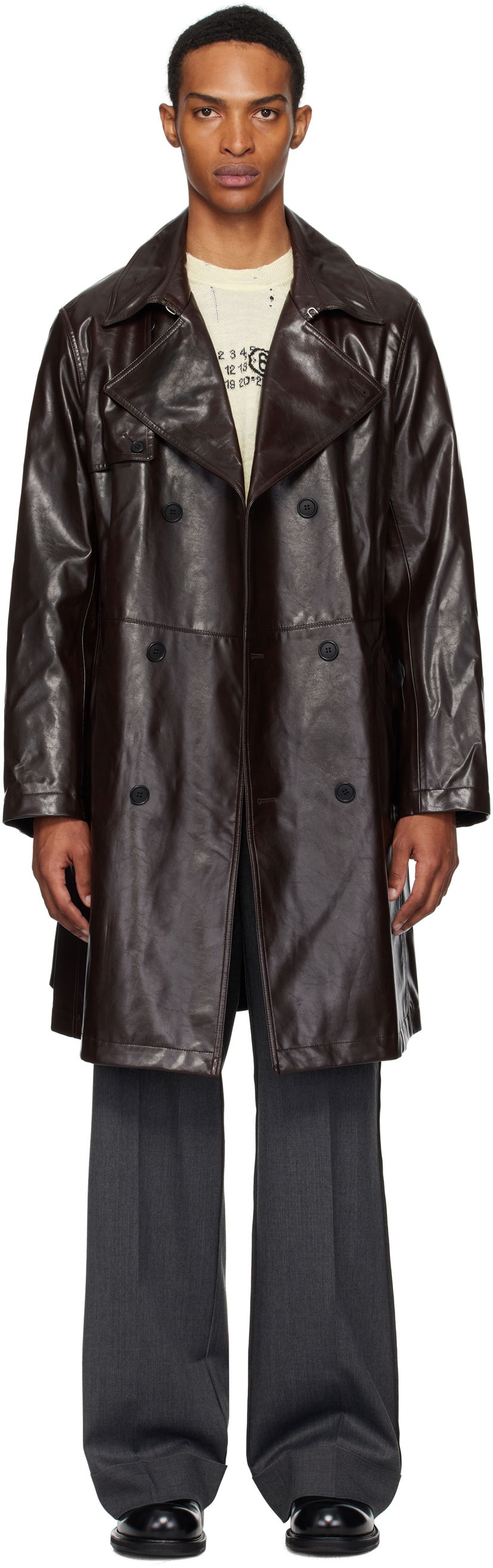 Trenchcoat Maison Margiela MM6 Maison Margiela Double-Breasted Faux-Leather Jacket Brun | SH0AH0006 M35465