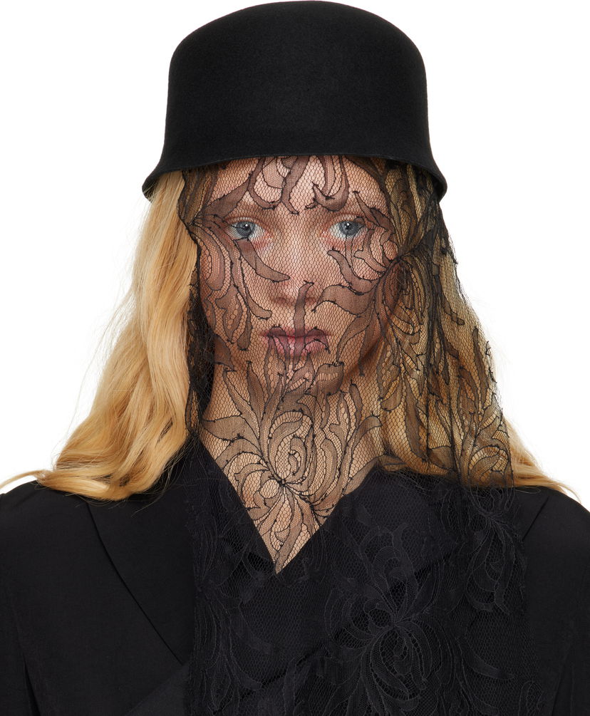 Hatt Yohji Yamamoto Yohji Yamamoto Lace Veil Felt Hat Svart | FP-H08-867