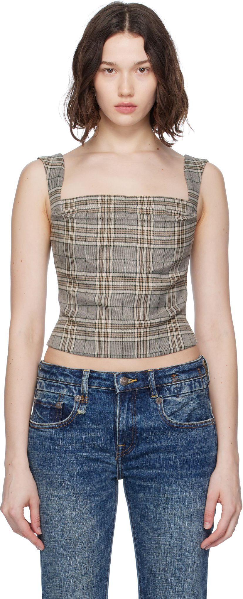Linne Miaou Miaou Imogene Plaid Sleeveless Top Beige | 7023PLWPLD