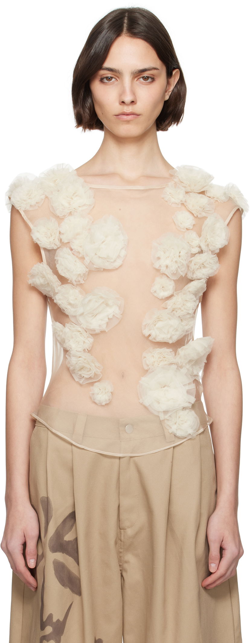 Linne Collina Strada Collina Strada Meadow Path Floral Appliquéd Tulle Tank Top Beige | XX3057