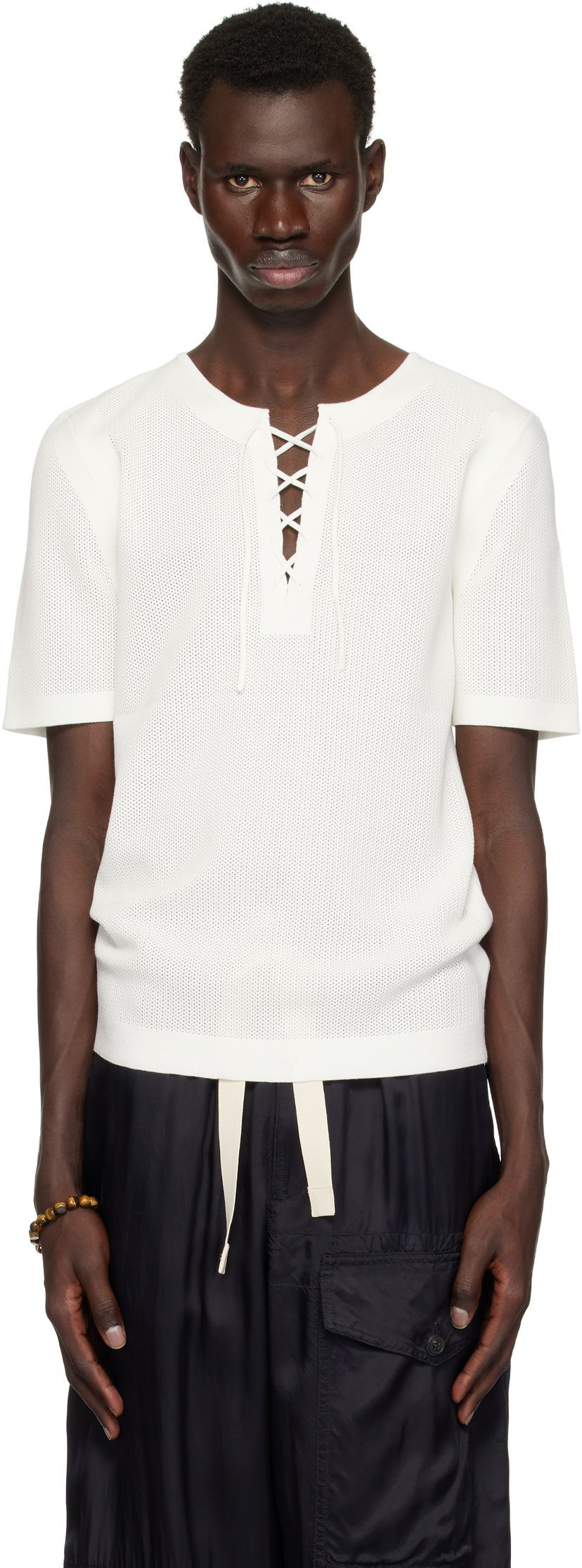 T-shirt Dries Van Noten Dries Van Noten Knit Lace-Up T-Shirt Vit | 251-021201-1701