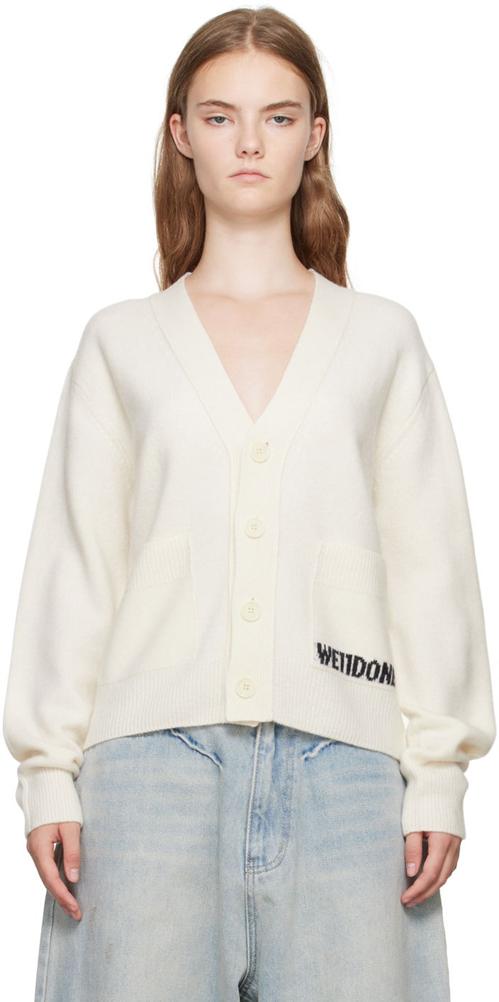 Sweater We11done Jacquard-Logo  Cardigan Vit | WD-KC3-23-621-U-IV