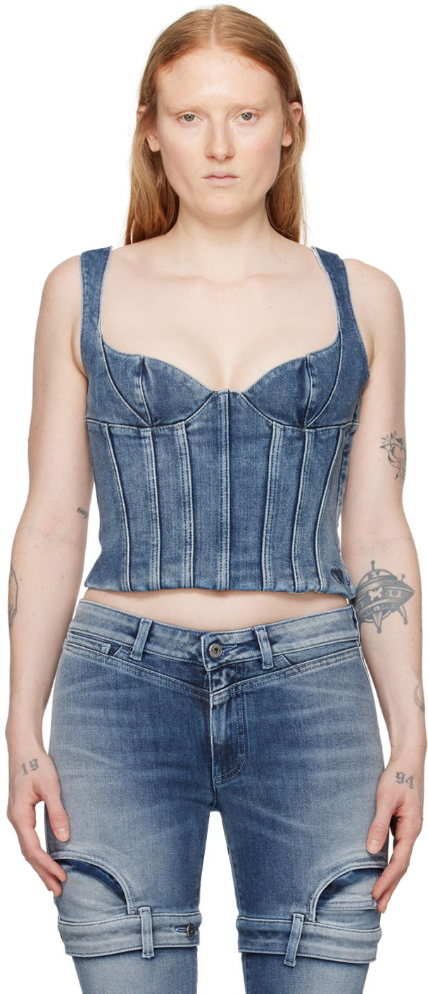 Linne Off-White Blue Bustier Denim Tank Top Blå | OWYP007S24DEN0014000