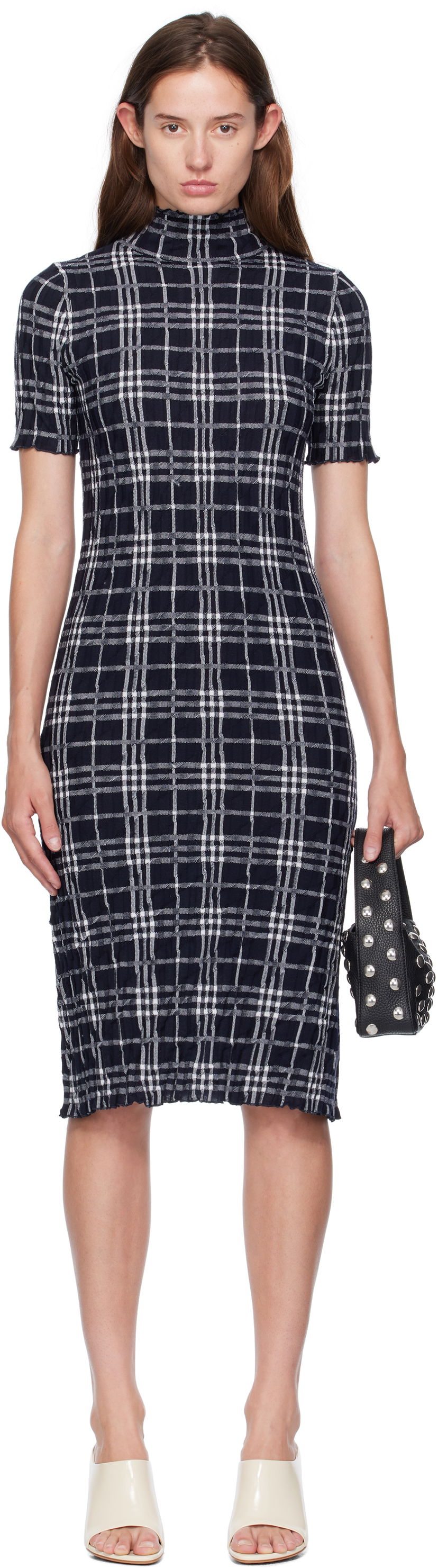 Klä Burberry Burberry Check Wool Blend Midi Dress Mörkblå | 8111428