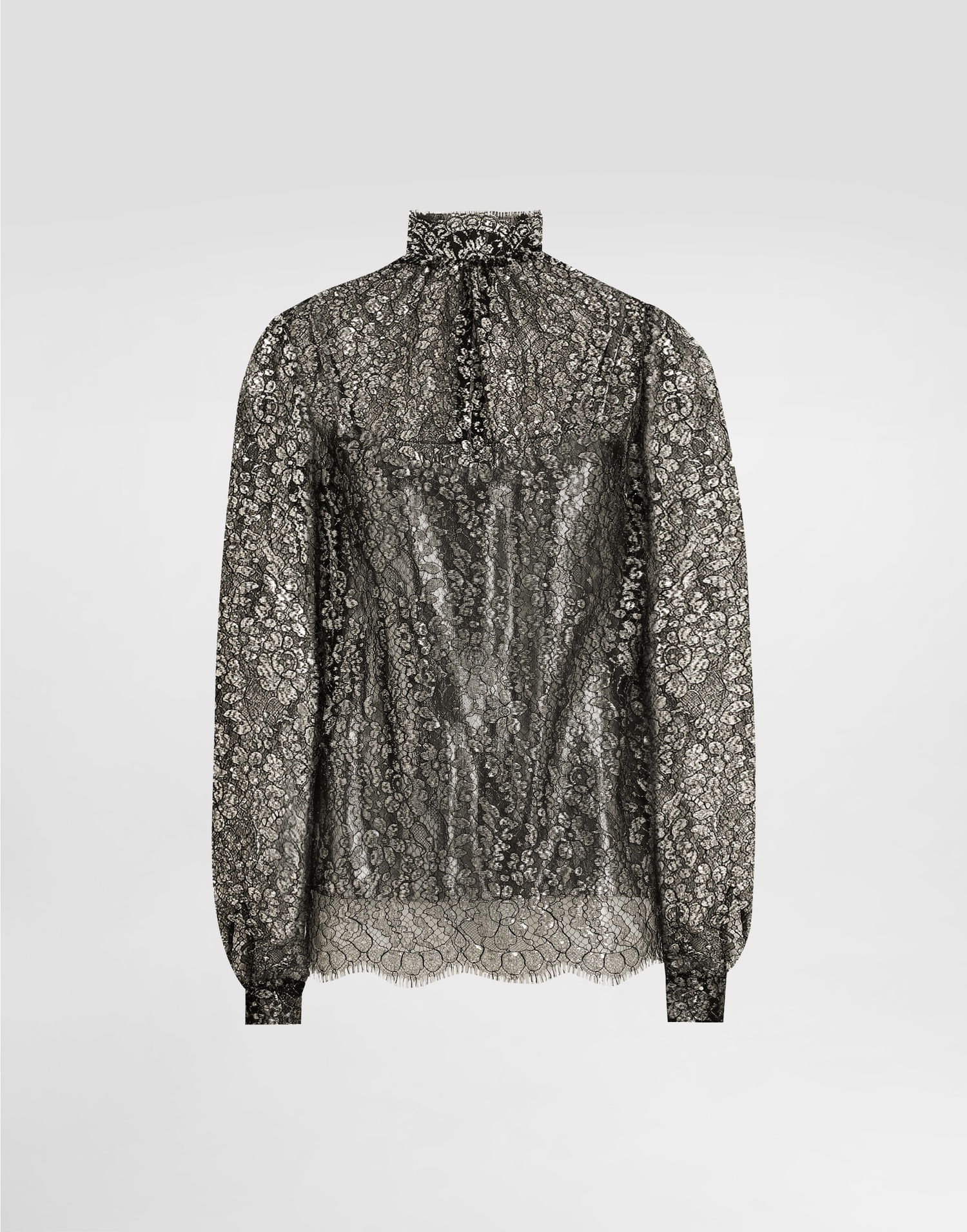 Skjorta Dolce & Gabbana High-neck Long-sleeve Lamé Lace Top with Scalloped Hem, Collection Metallisk | F7BD7TILMCFS0998, 0
