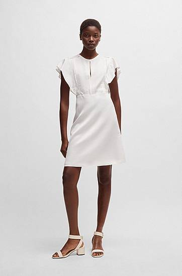 Klä BOSS Frilled Sleeve Dress with Keyhole Neckline Vit | 50537402, 1