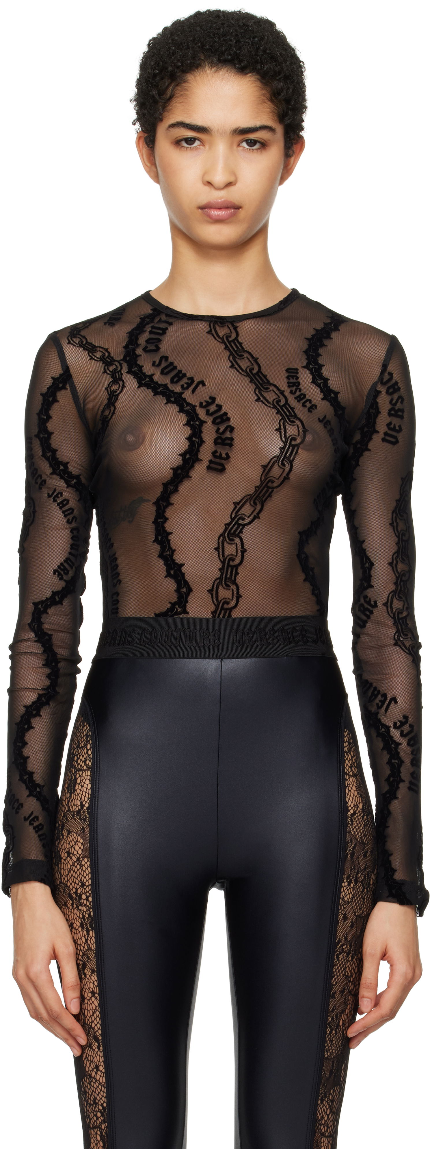 T-shirt Versace Chain Couture Mesh Bodysuit Svart | E77HAM2A1_EJS392, 0
