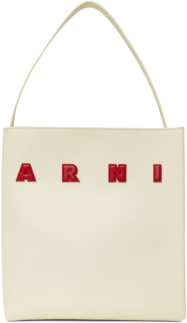 Tygpåse Marni Medium Leather Museo Patches Tote Vit | SHMP0106U0 P6483