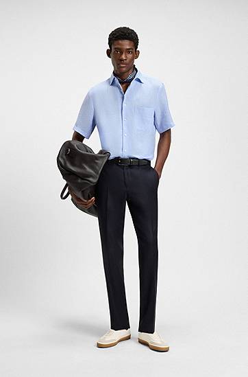 Skjorta BOSS BECKHAM x BOSS Regular-Fit Linen Shirt Blå | 50548868, 1