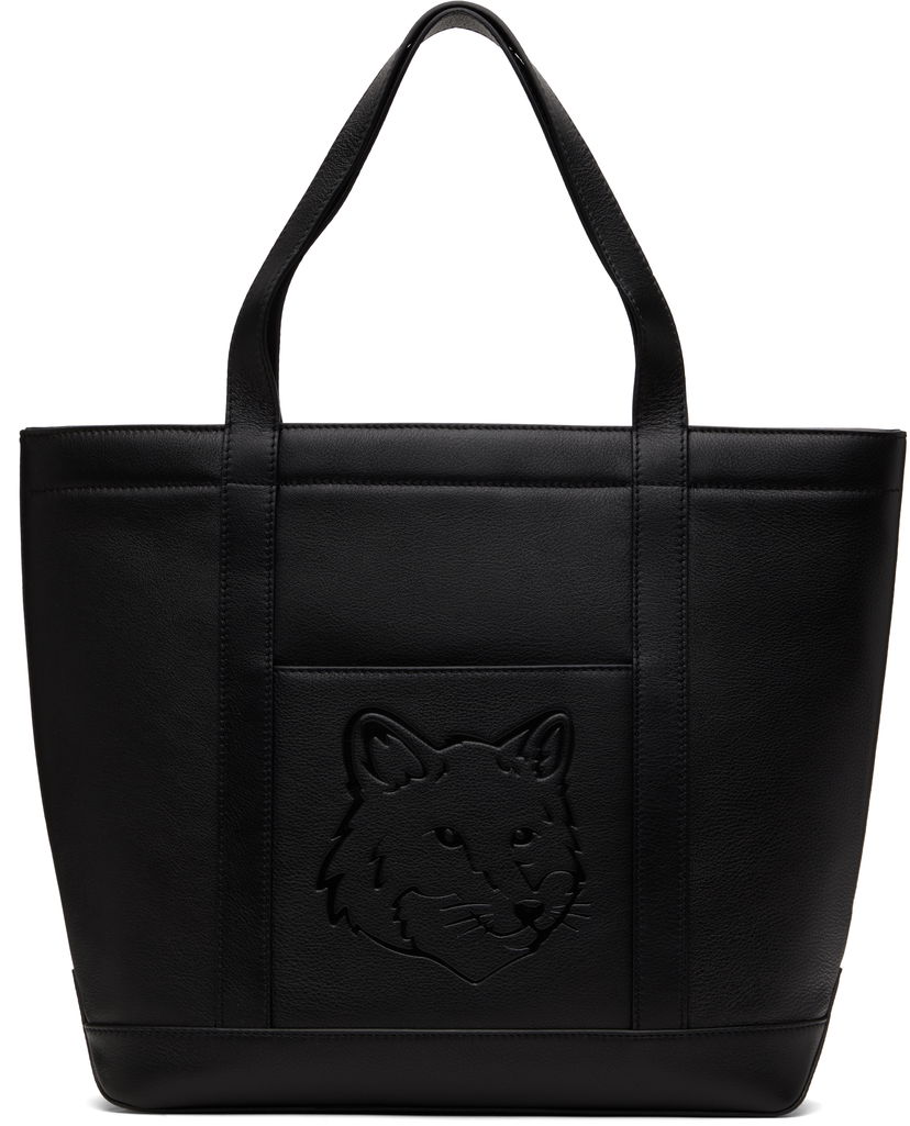 Tygpåse MAISON KITSUNÉ Maison Kitsuné Fox Head Leather Medium Tote Svart | OW05110LC0045