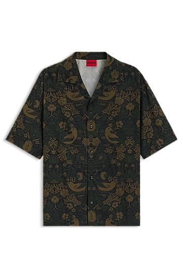 Skjorta BOSS Oversized-Fit Printed Cotton Poplin Shirt Grön | 50545377