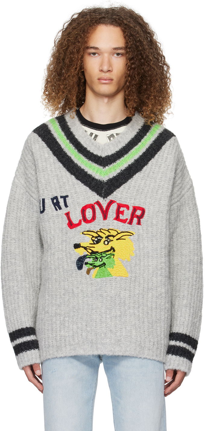 Sweater ERL 'Hurt Lover' Graphic V-Neck Sweater Grå | ERL07N004