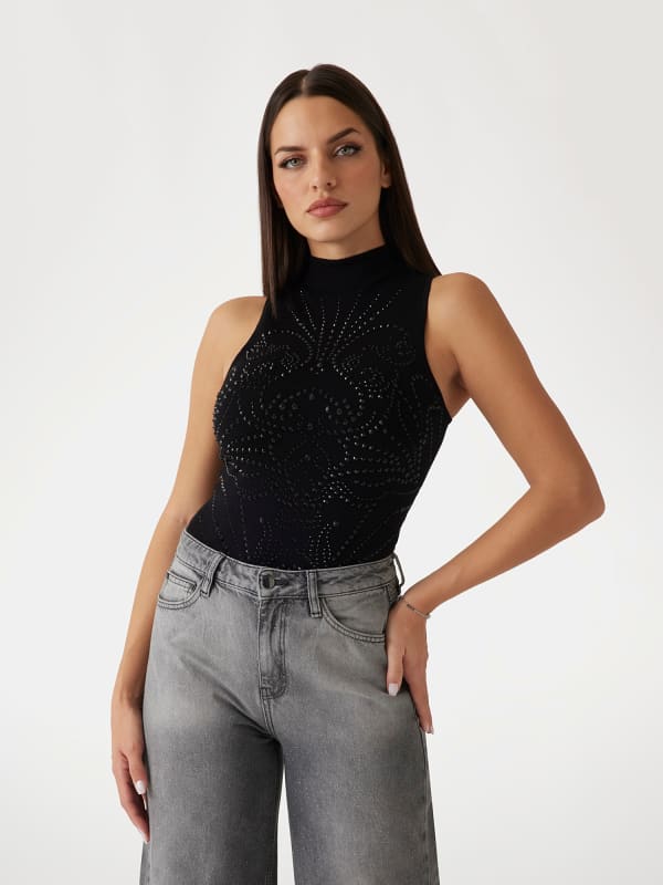 Linne GUESS Sleeveless Rhinestone Top Svart | W5RR33Z2YK2