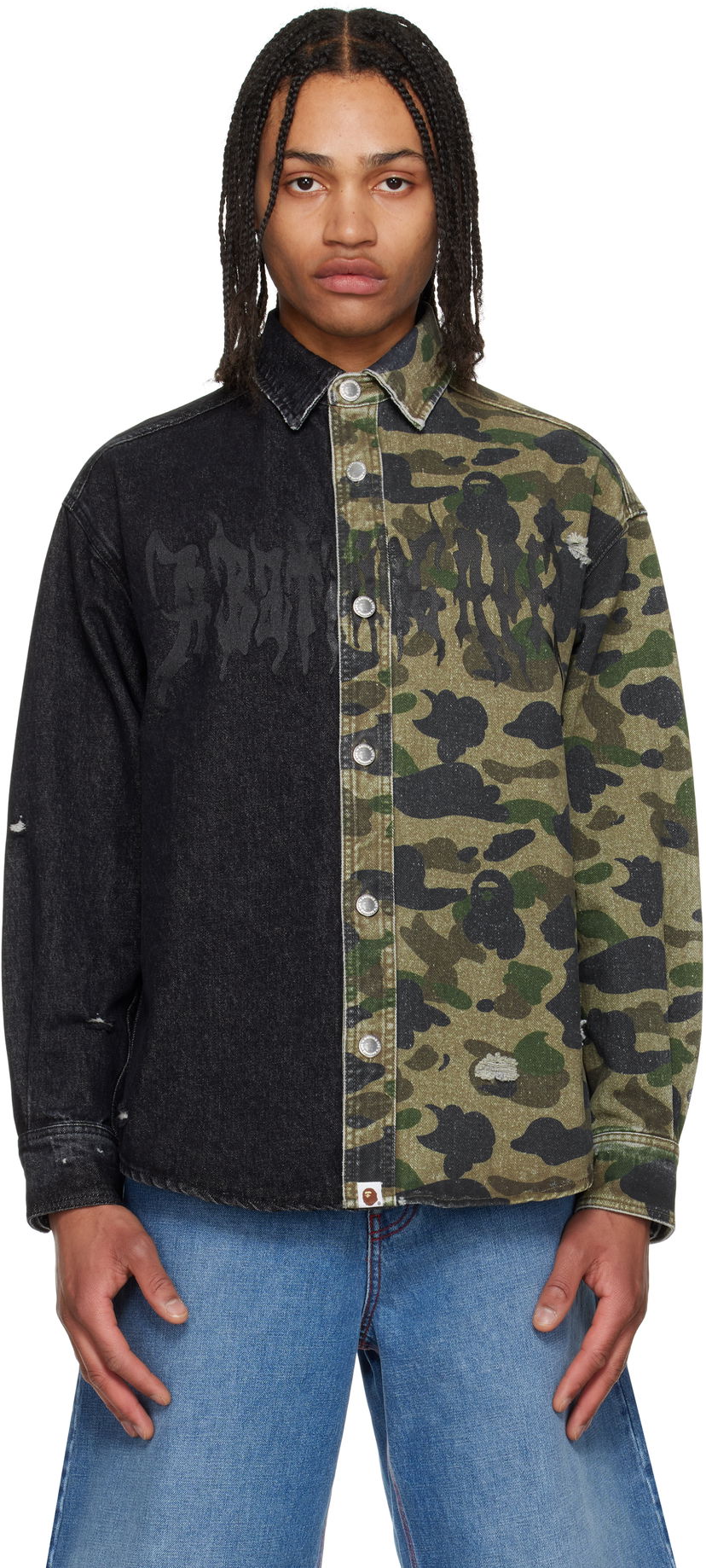 Skjorta BAPE A Bathing Ape 1st Camo Destroyed Denim Shirt Svart | 001SHL301312M