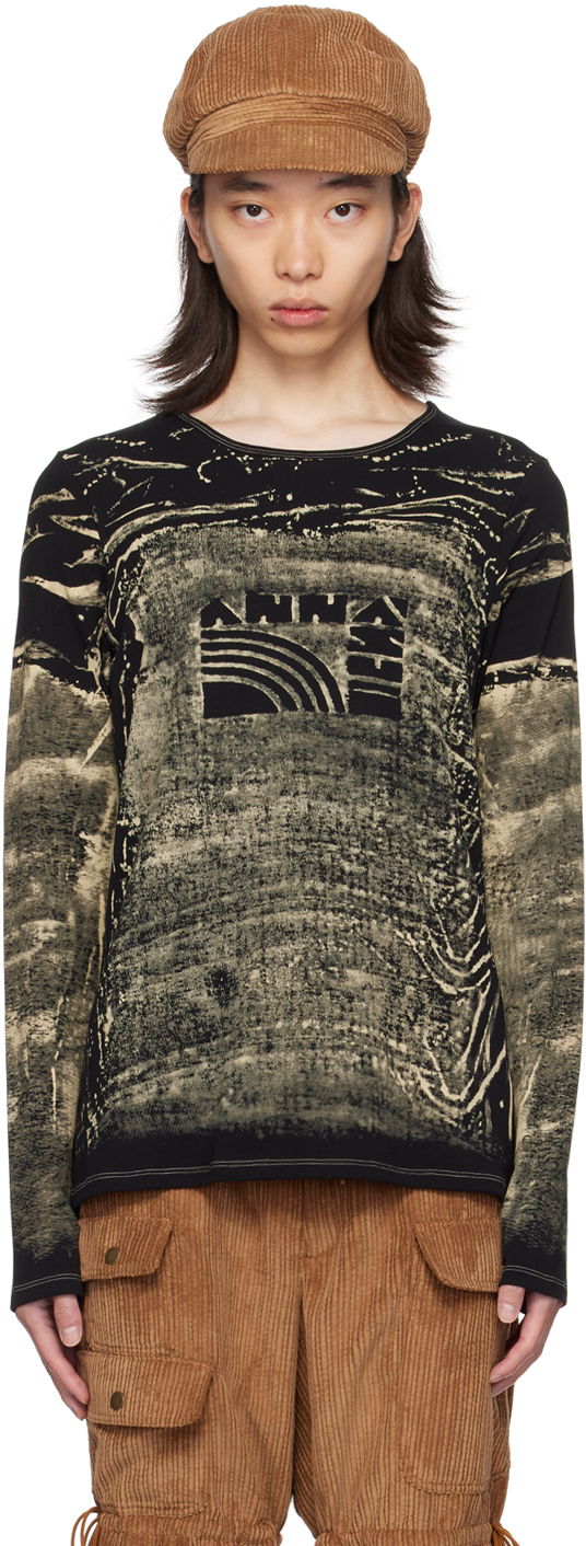 T-shirt Anna Sui Exclusive Black & Beige Graphic Long Sleeve T-Shirt Svart | MT624A1