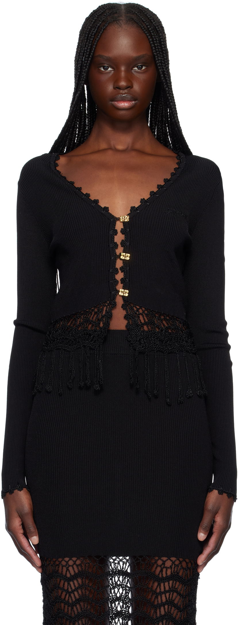 Sweater GANNI Ganni Shiny Viscose Crochet Cardigan Svart | K2433