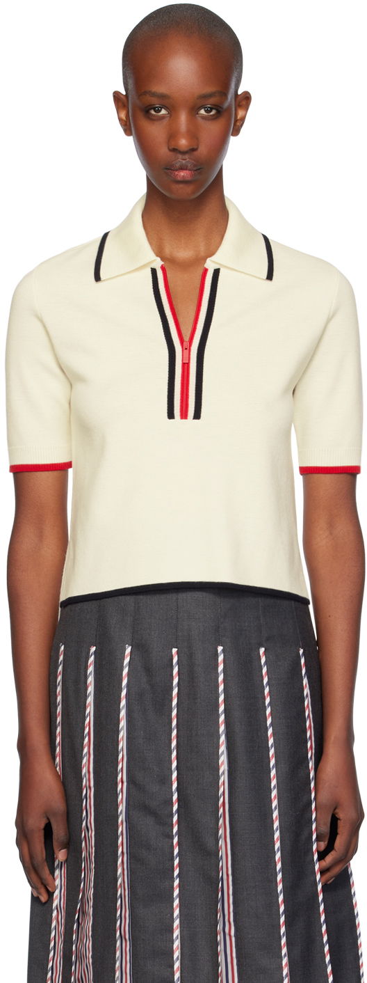 Polotröja Thom Browne Thom Browne Wool Zip Polo Vit | FKP109B-Y1037