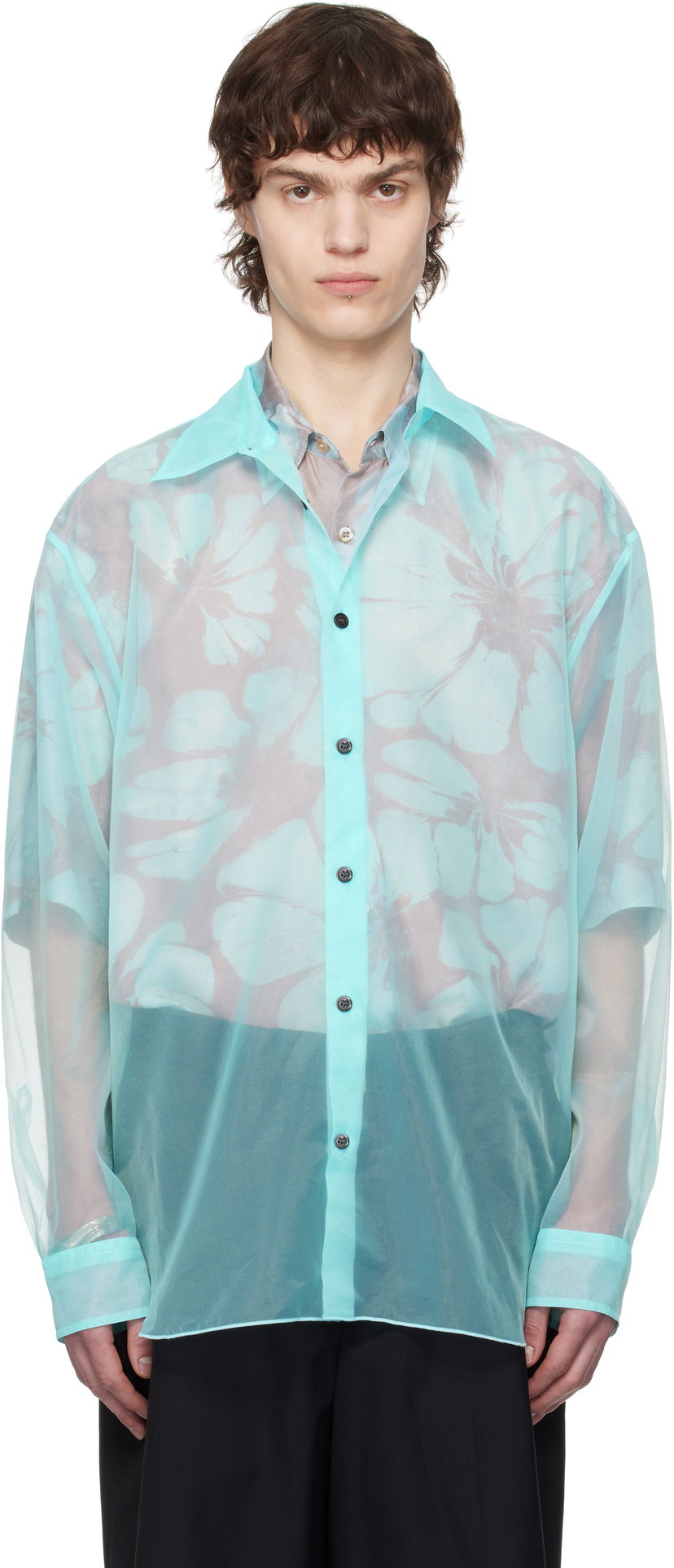 Skjorta Dries Van Noten Dries Van Noten Organza Floral-Print Shirt Turkos | 251-020732-1501