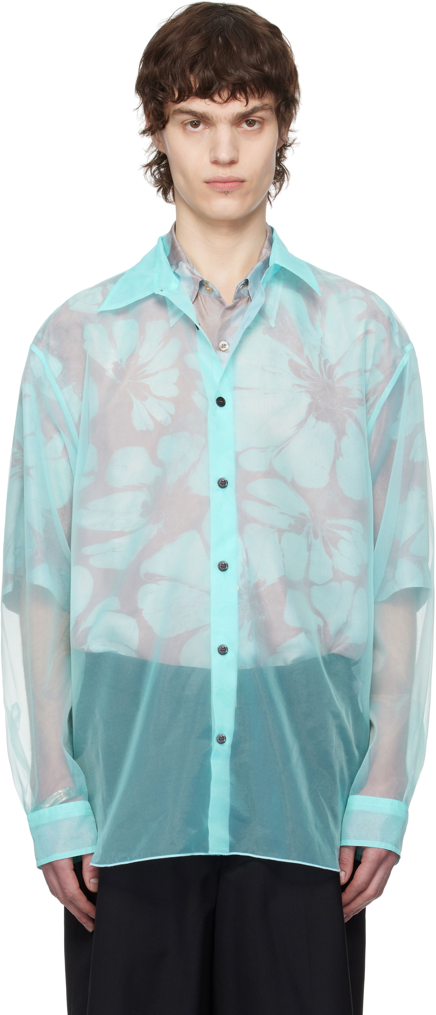 Skjorta Dries Van Noten Dries Van Noten Organza Floral-Print Shirt Turkos | 251-020732-1501, 0