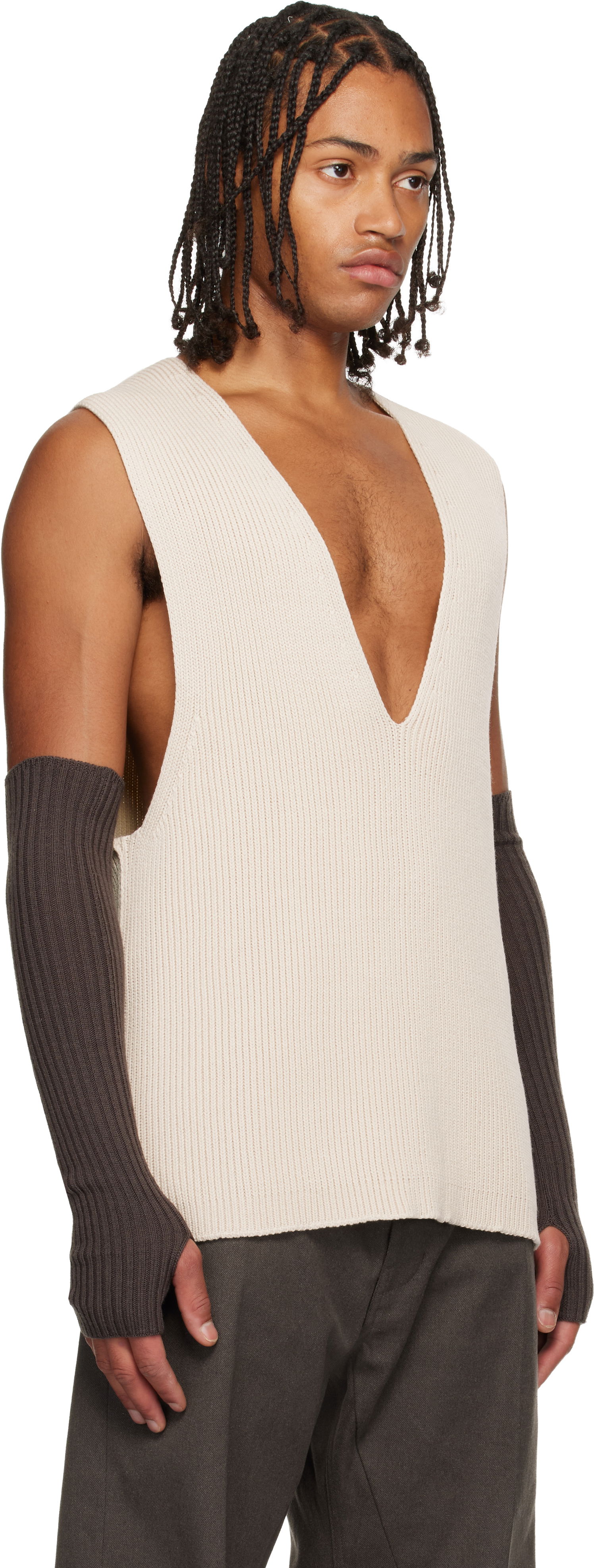 Linne Rick Owens Concordians V-Neck Rib Knit Tank Vest Beige | RR02E1683 KWVH, 1